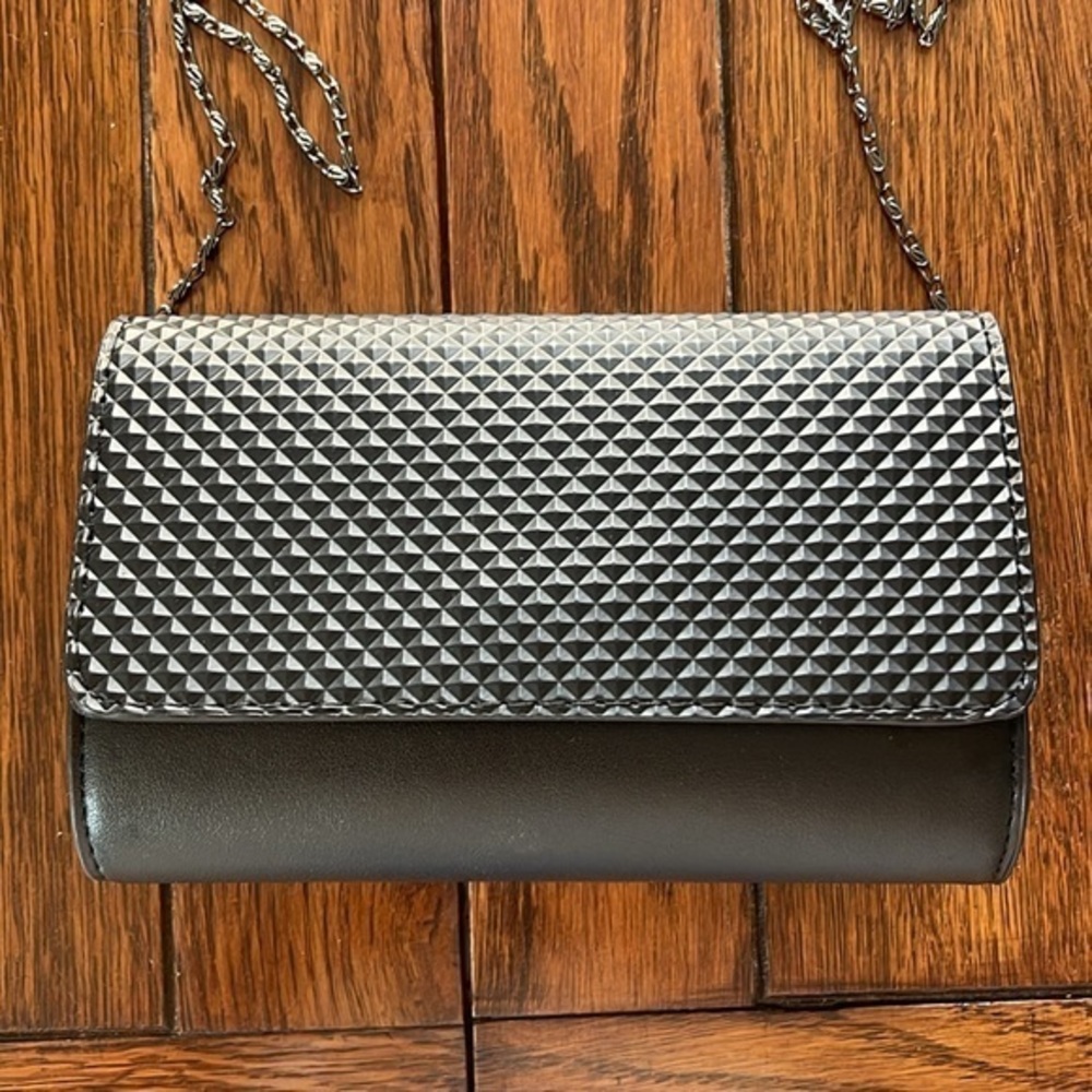 Neiman Marcus Black Faux Leather Flap Small Crossbody Bag Clutch Silver chain